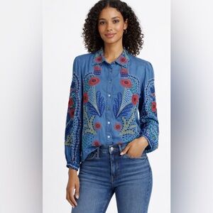 Sundance NWT Canyon Sunset Embroidered Linen Top Size Medium Floral Blue Artsy